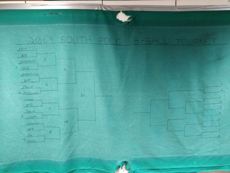 Old pool table felt hanging up, marked with a tournament bracket