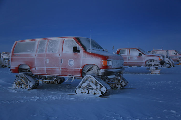 frosted snow vehicles outside at South Pole