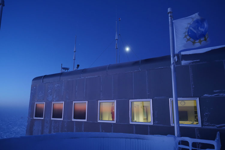 View of part of South Pole station at sunrise