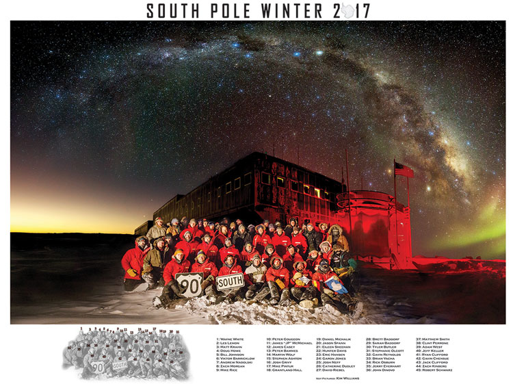 Group photo of 2017 South Pole winterovers