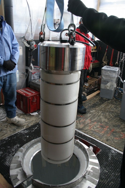 <span class="jb-title">At the Pole, the detectors were attached to the end of IceCube strings and lowered into the array. The in-ice South Pole location provides stable environmental conditions for temperature, humidity, and pressure with very low backgrounds.</span><br/>