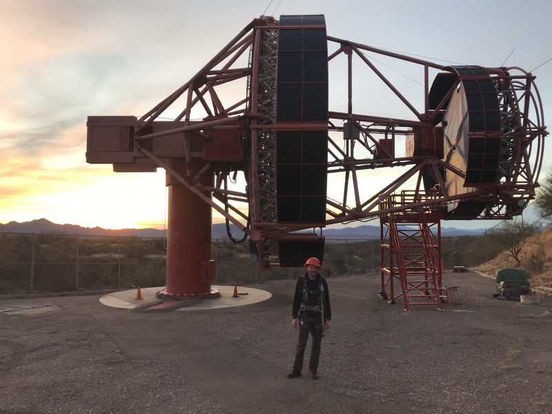 <span class="jb-title">Professor Justin Vandenbroucke (University of Wisconsin–Madison) with the prototype Schwarzschild-Couder telescope at the Fred Lawrence Whipple Observatory on Mt. Hopkins in Arizona.</span><br/>