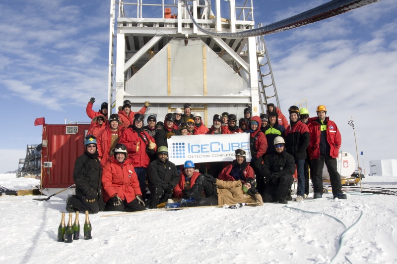<span class="jb-title">IceCube team poses for a picture in front of deployment tower after the completion of the IceCube Neutrino Detector in December of 2010.</span><br/>